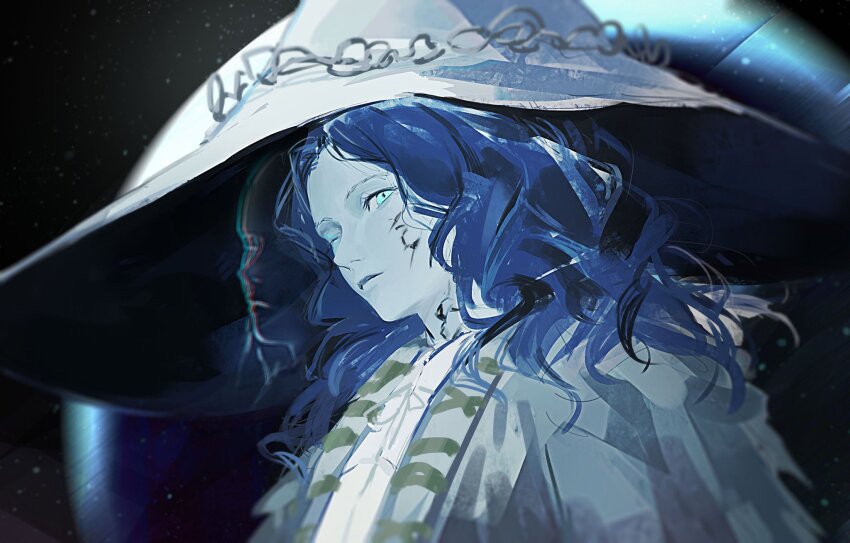 1girl blue_eyes blue_hair closed_mouth elden_ring ghost hat highres light_particles one_eye_closed ranni_the_witch solo upper_body white_hat witch_hat yannn