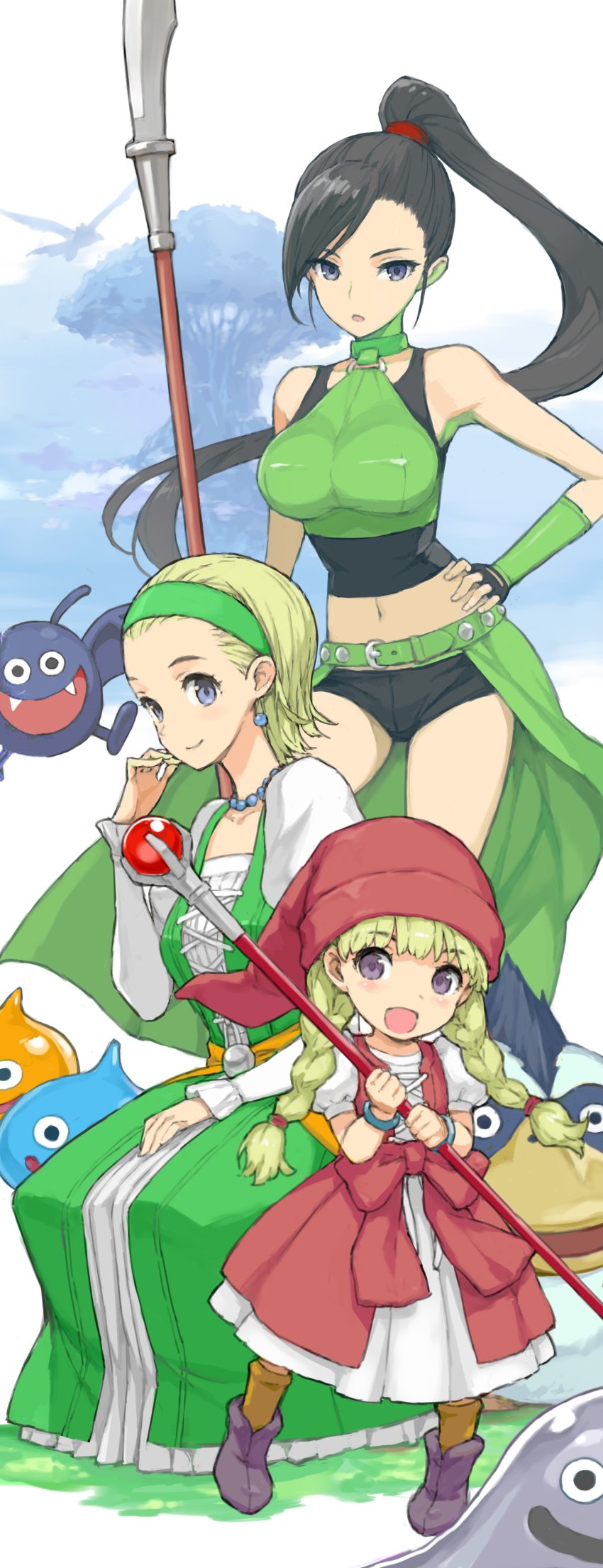 3girls :d absurdres asymmetrical_bangs black_footwear black_hair black_shirt black_shorts blonde_hair blouse blue_eyes boots bracelet braid closed_mouth dragon_quest dragon_quest_xi dracky dress earrings fingerless_gloves gloves green_dress green_gloves green_hairband green_shirt hair_tie hairband halterneck hand_on_own_hip hat highres holding holding_polearm holding_staff holding_weapon jewelry juliet_sleeves long_dress long_sleeves martina_(dq11) medium_dress micro_shorts midriff morisawa_haruyuki multiple_girls navel necklace open_mouth orange_legwear parted_lips pearl_necklace polearm ponytail puffy_sleeves purple_eyes red_dress red_headwear senya_(dq11) shirt short_sleeves shorts simple_background sitting slime_(dragon_quest) smile socks square_enix staff standing tank_top tree twin_braids twintails veronica_(dq11) waist_cape weapon white_background