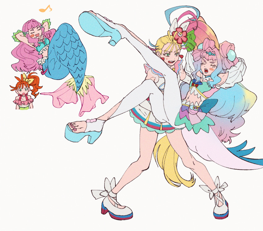 2girls ankle_bow ankle_ribbon blonde_hair blush_stickers bow choker cure_la_mer cure_summer dokunoko earrings elbow_gloves eyelash_ornament feet fins flower frills gloves gradient_hair green_eyes hair_flower hair_ornament hibiscus jewelry laura_la_mer layered_skirt leg_ribbon leggings long_hair magical_girl mermaid midriff monster_girl multicolored_hair multiple_girls multiple_views musical_note nail_polish natsuumi_manatsu navel open_mouth orange_hair pearl_hair_ornament pink_hair pink_nails pink_sailor_collar precure ribbon sailor_collar side_ponytail skirt sweatdrop triangle_earrings tropical-rouge!_precure very_long_hair wedge_heels white_choker white_gloves white_leggings white_sleeves