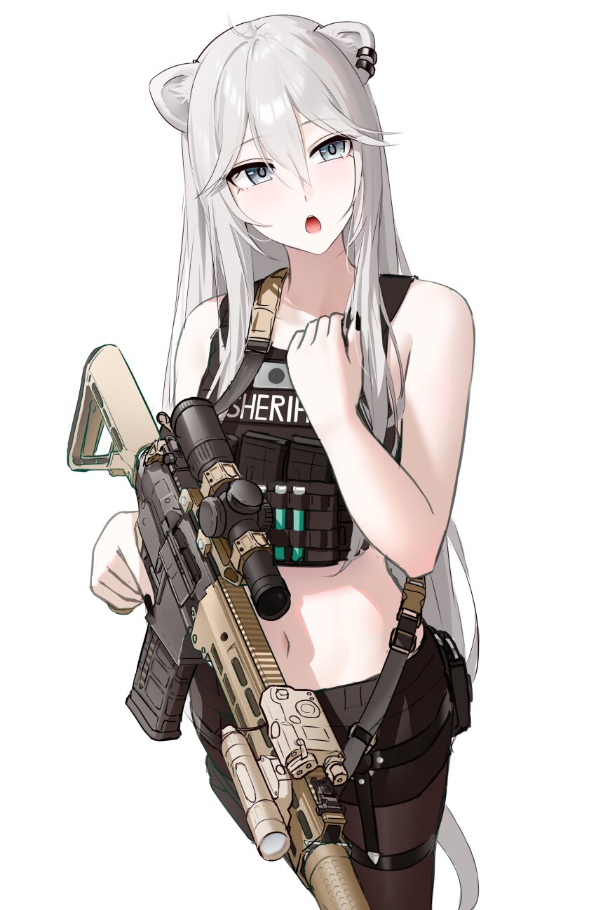 1girl absurdres animal_ear_piercing animal_ears bare_arms black_nails black_pantyhose black_shorts bulletproof_vest commentary_request grey_eyes grey_hair gun hair_between_eyes highres holding holding_gun holding_weapon hololive lion_ears lion_girl lion_tail long_hair looking_at_viewer nail_polish navel open_mouth pantyhose rifle shishiro_botan shorts simple_background solo standing stomach tactical_clothes tail thigh_strap virtual_youtuber wanne weapon weapon_request white_background