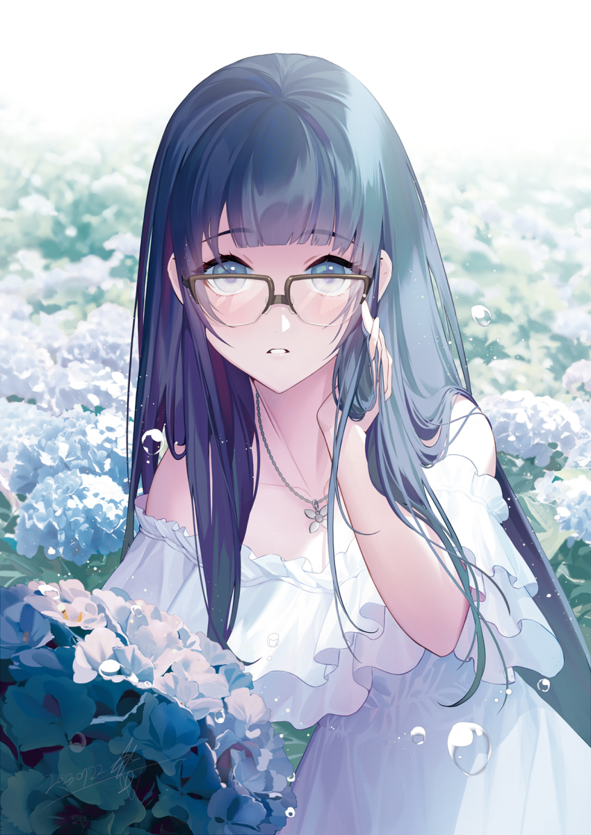 1girl black_hair blush brown-framed_eyewear dress flower glasses hand_in_own_hair hand_up highres hydrangea jewelry long_hair looking_at_viewer mt_(ringofive) necklace original outdoors parted_lips solo water_drop white_dress