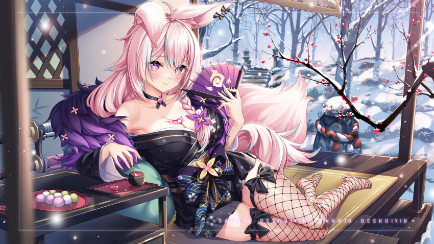 1girl animal_ears armpits barefoot black_ribbon bow dango ear_ribbon female_focus fishnet_thighhighs fishnets food full_body hand_fan highres japanese_clothes leaning_on_object leaning_on_table leaning_to_the_side no_bra on_floor open_clothes open_shirt original outdoors pink_hair ribbon sannio sitting snow solo tail thighhighs wagashi