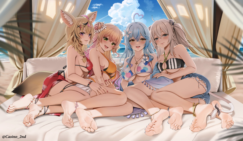 4girls :d :p ahoge animal_ears barefoot bikini black_bikini black_eyes blonde_hair blue_hair blue_nails blue_shorts braid breasts casino_(casinoep) day feet floral_print fox_ears fox_tail green_eyes halterneck heart heart_ahoge highres hololive large_breasts lion_ears lion_tail long_hair medium_breasts momosuzu_nene multiple_girls nail_polish nepolabo omaru_polka open_mouth pointy_ears print_bikini purple_eyes red_bikini red_nails sarong shishiro_botan shorts smile swimsuit tail toenail_polish toenails tongue tongue_out virtual_youtuber white_bikini yellow_eyes yukihana_lamy