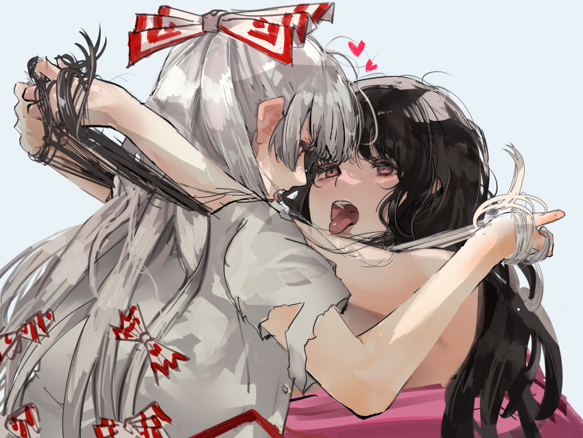 2girls arm_on_another&#039;s_shoulder black_hair bow commentary_request eneshi face-to-face fujiwara_no_mokou grey_hair grey_shirt hair_bow heart highres holding holding_own_hair houraisan_kaguya long_hair multiple_girls multiple_hair_bows open_mouth pink_eyes pink_shirt red_bow shirt simple_background tongue tongue_out torn_clothes torn_sleeves touhou two-tone_bow upper_body white_background white_bow yuri