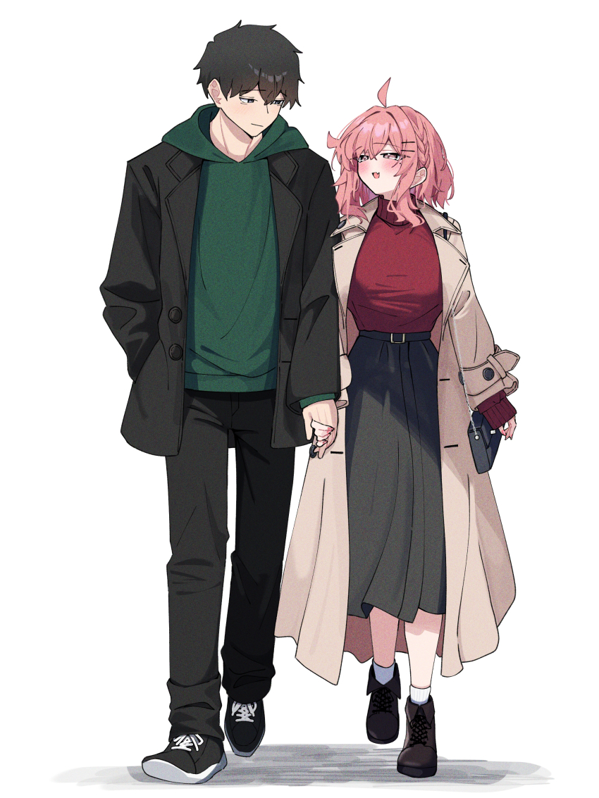 1boy 1girl absurdres ahoge black_hair black_jacket black_pants black_skirt blush breasts brown_coat coat couple fingernails full_body green_hoodie hetero highres holding_hands hood hoodie jacket large_breasts long_skirt original pants pink_hair red_sweater simple_background skirt smile sweater walking warabi_mochi_(w4rabimochi) white_background