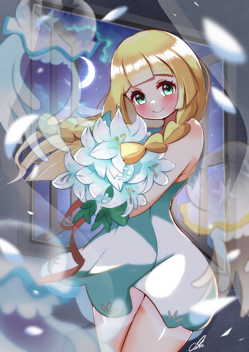 1girl absurdres alternate_color aqua_eyes artist_name bare_shoulders blonde_hair blush bouquet braid carrot_summer closed_mouth cloud creatures_(company) crescent_moon curtains dress eyelashes floating_hair flower game_freak gen_7_pokemon highres holding holding_bouquet lillie_(pokemon) lily_(flower) long_hair moon night night_sky nihilego nintendo open_window pokemon pokemon_(creature) pokemon_sm see-through_curtains shiny_pokemon side_braids sky sleeveless sleeveless_dress smile star_(sky) ultra_beast white_dress white_flower window