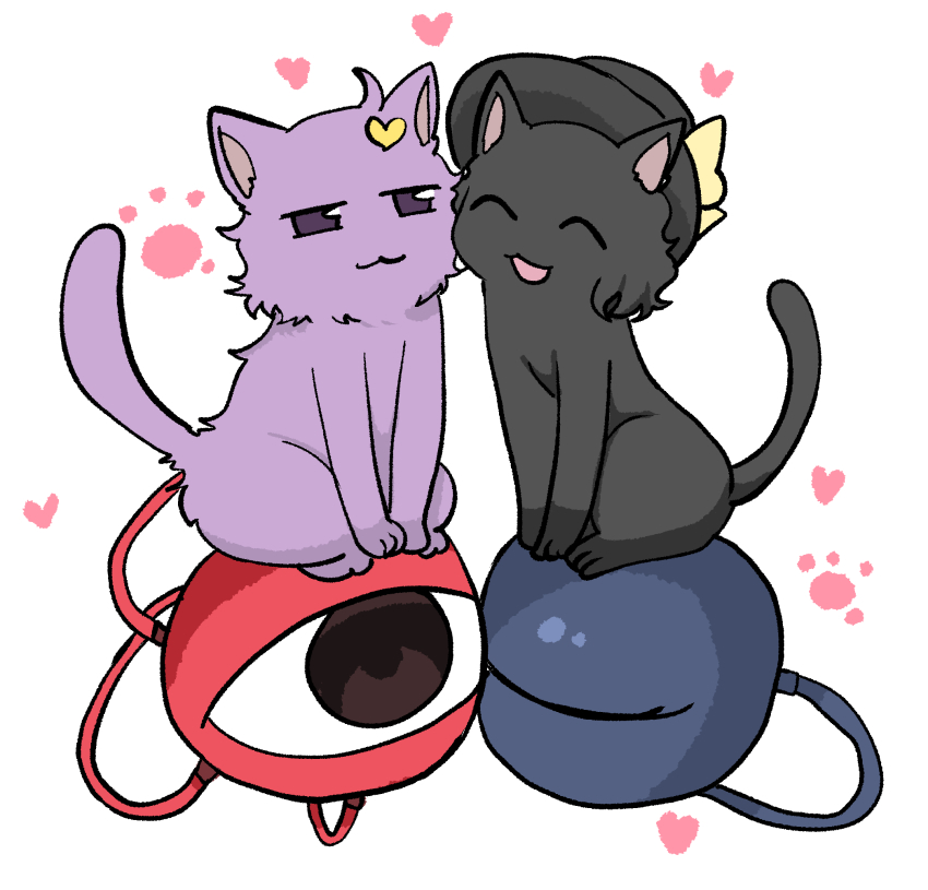 2girls :3 :d ^_^ animalization black_cat black_headwear cat closed_eyes full_body half-closed_eyes hat hat_ribbon heart highres kanonari komeiji_koishi komeiji_koishi_(cat) komeiji_satori komeiji_satori_(cat) looking_at_another multiple_girls open_mouth pink_cat purple_eyes ribbon simple_background smile third_eye touhou white_background yellow_ribbon