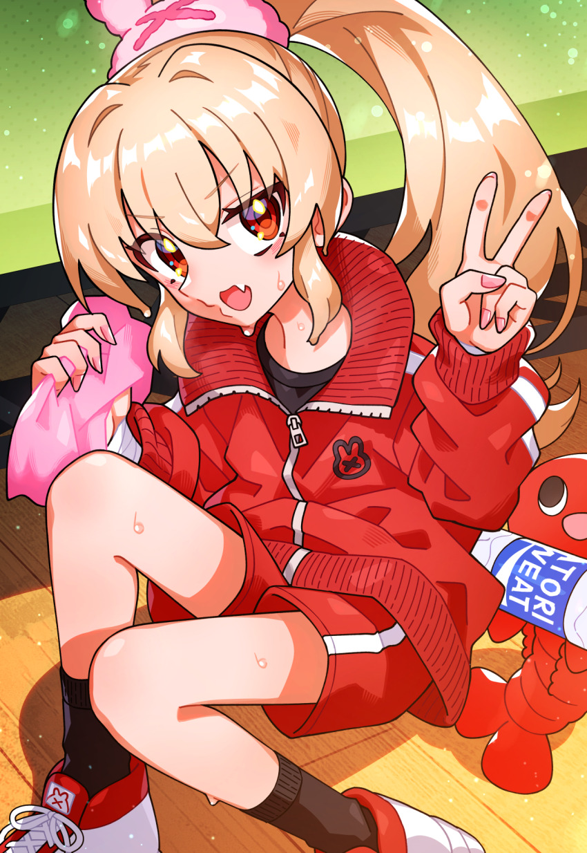 1girl blonde_hair fuji_tarawi highres holding holding_towel looking_at_viewer natori_sana pocari_sweat ponytail red_eyes red_shorts red_track_suit sana_channel shoes shorts sitting sneakers solo sweat towel track_suit v virtual_youtuber