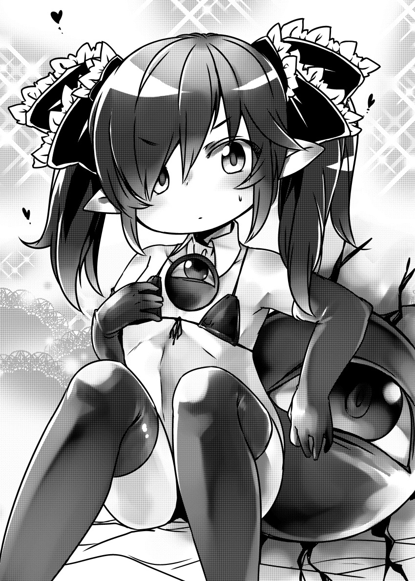 1girl absurdres backbeako_(torotei) backbeard bare_shoulders bikini closed_mouth croixsan detached_collar elbow_gloves flat_chest front-tie_bikini_top front-tie_top gegege_no_kitarou gloves greyscale hair_ribbon hand_up heart highres long_hair midriff monochrome original ribbon sitting sweat swimsuit thighhighs twintails v-shaped_eyebrows