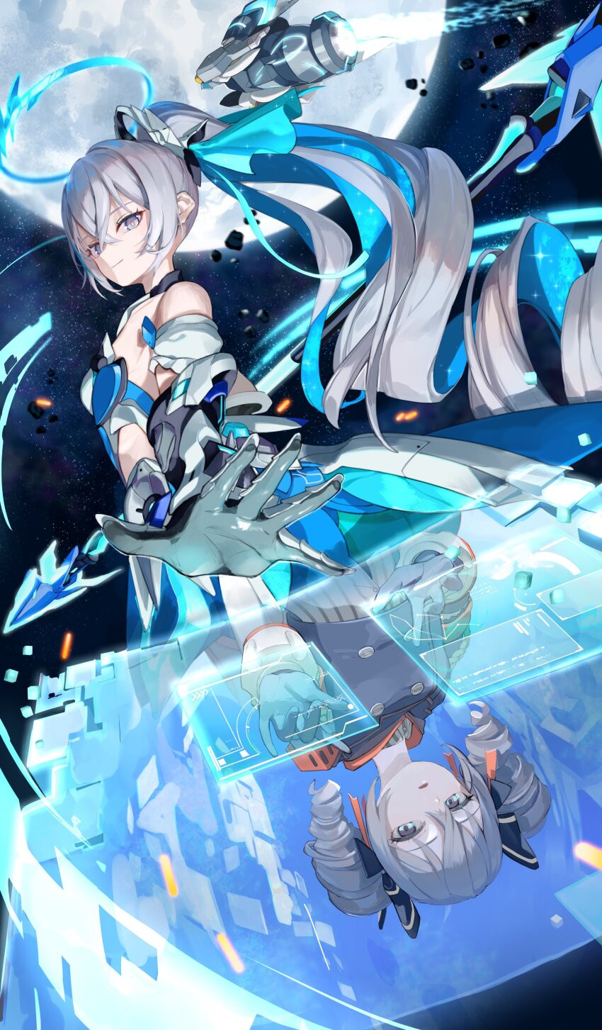 1girl absurdres bare_shoulders black_bow black_gloves black_jacket bow bronya_zaychik bronya_zaychik_(herrscher_of_truth) bronya_zaychik_(valkyrie_chariot) closed_mouth different_reflection drill_hair full_moon gloves grey_eyes grey_hair hair_bow halo highres holographic_interface honkai_(series) honkai_impact_3rd jacket long_hair looking_at_viewer moon open_mouth reflection roena sky solo star_(sky) starry_sky twin_drills very_long_hair