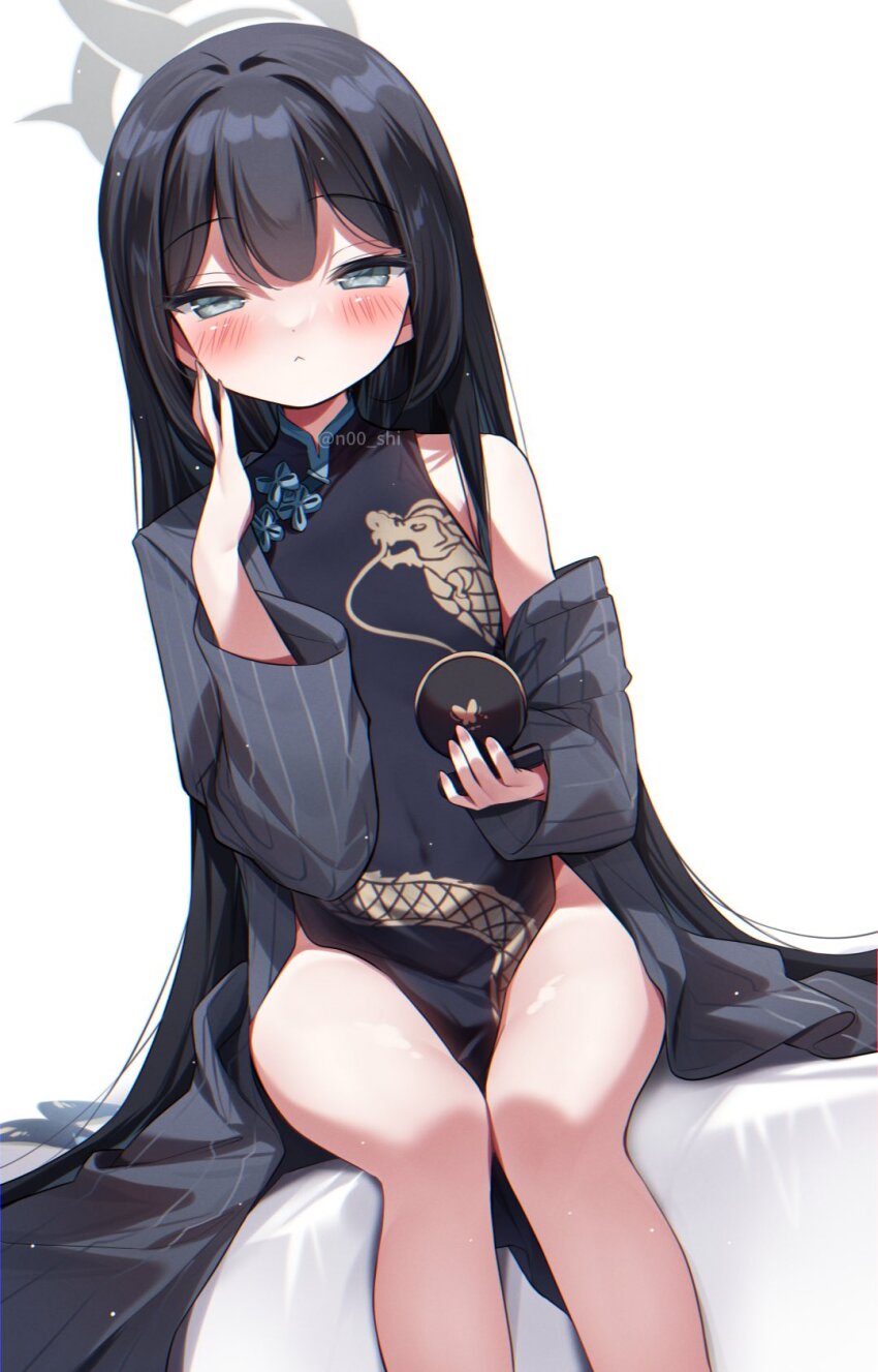 1girl alternate_hairstyle black_dress black_hair blue_archive blush china_dress chinese_clothes coat compact_(cosmetics) cosmetics dragon_print dress gau_(n00_shi) grey_coat grey_eyes grey_halo hair_down halo highres holding_compact jacket kisaki_(blue_archive) long_hair looking_at_viewer pinstripe_jacket pinstripe_pattern print_dress simple_background sitting sleeveless sleeveless_dress solo striped_clothes striped_jacket white_background