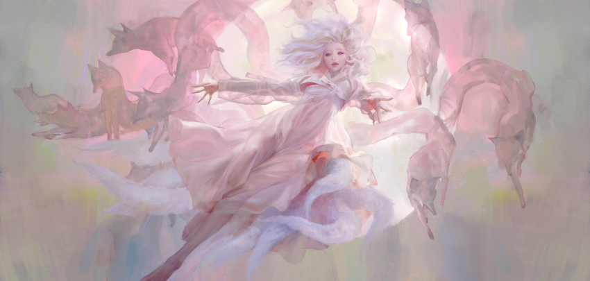 1girl absurdres barefoot dress fox fox_tail full_body highres long_hair long_sleeves looking_at_viewer original parted_lips red_eyes sangsoo_jeong solo tail white_dress white_hair