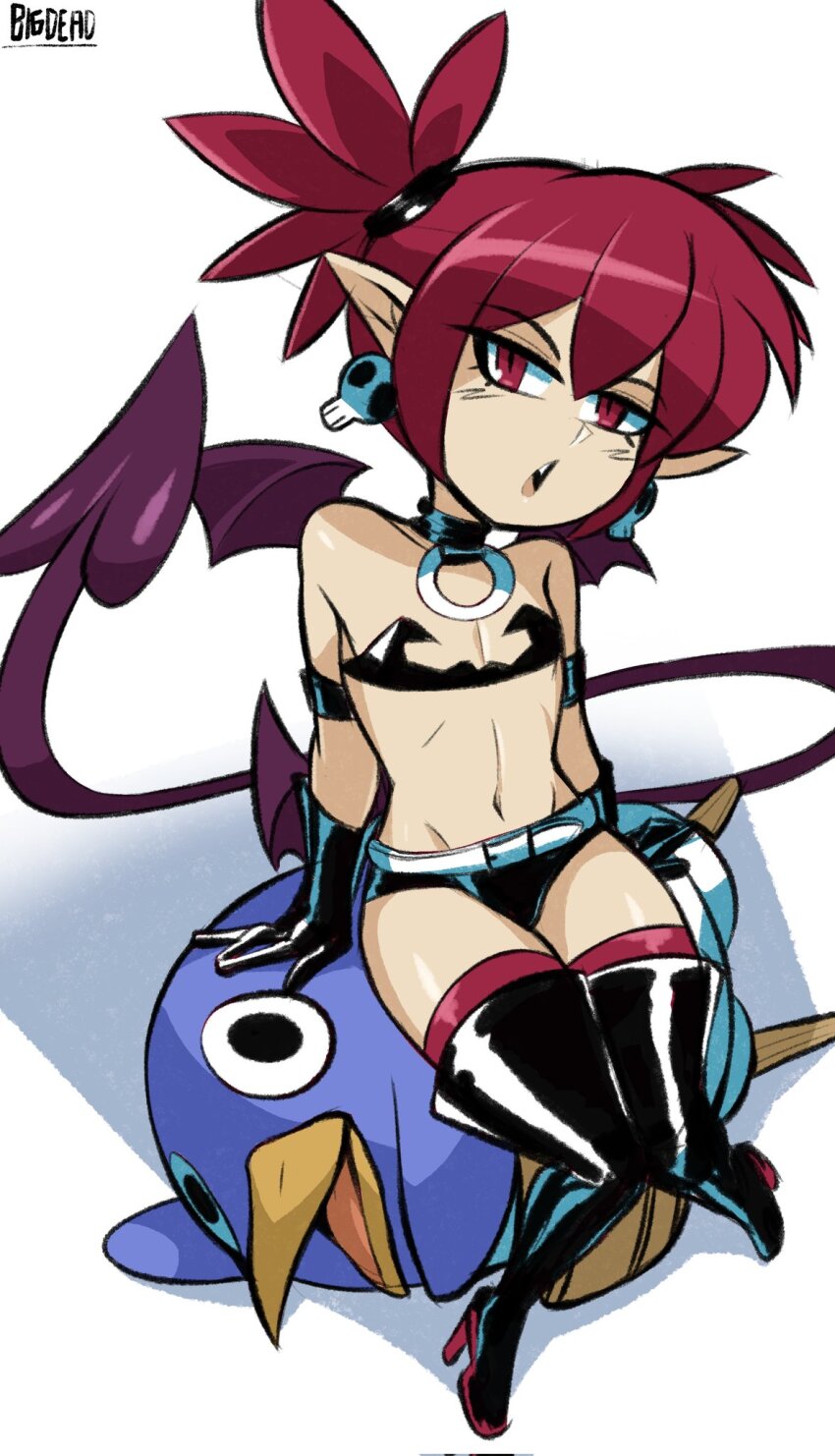 bigdead boots choker demon demon_girl disgaea elbow_gloves etna_(disgaea) flat_chest gloves high_heel_boots high_heels prinny red_hair sitting_on_animal skirt tail thigh_boots thighhighs twintails wings