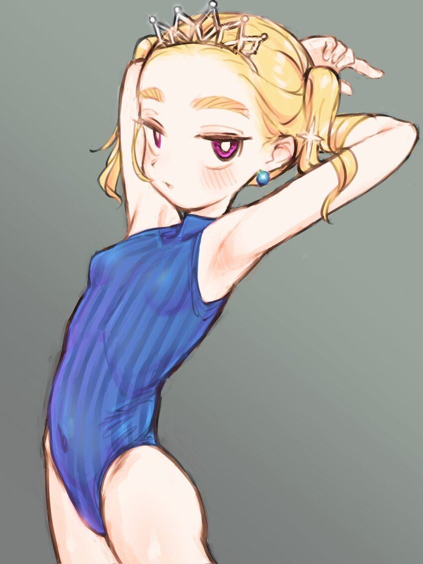 1girl armpits arms_behind_head blonde_hair blush breasts bright_pupils competition_swimsuit ear_piercing eisu_(eith) forehead grey_background harsha_(eisu) highres medium_hair navel one-piece_swimsuit original petite piercing purple_eyes simple_background small_breasts swimsuit thick_eyebrows tiara twintails white_pupils