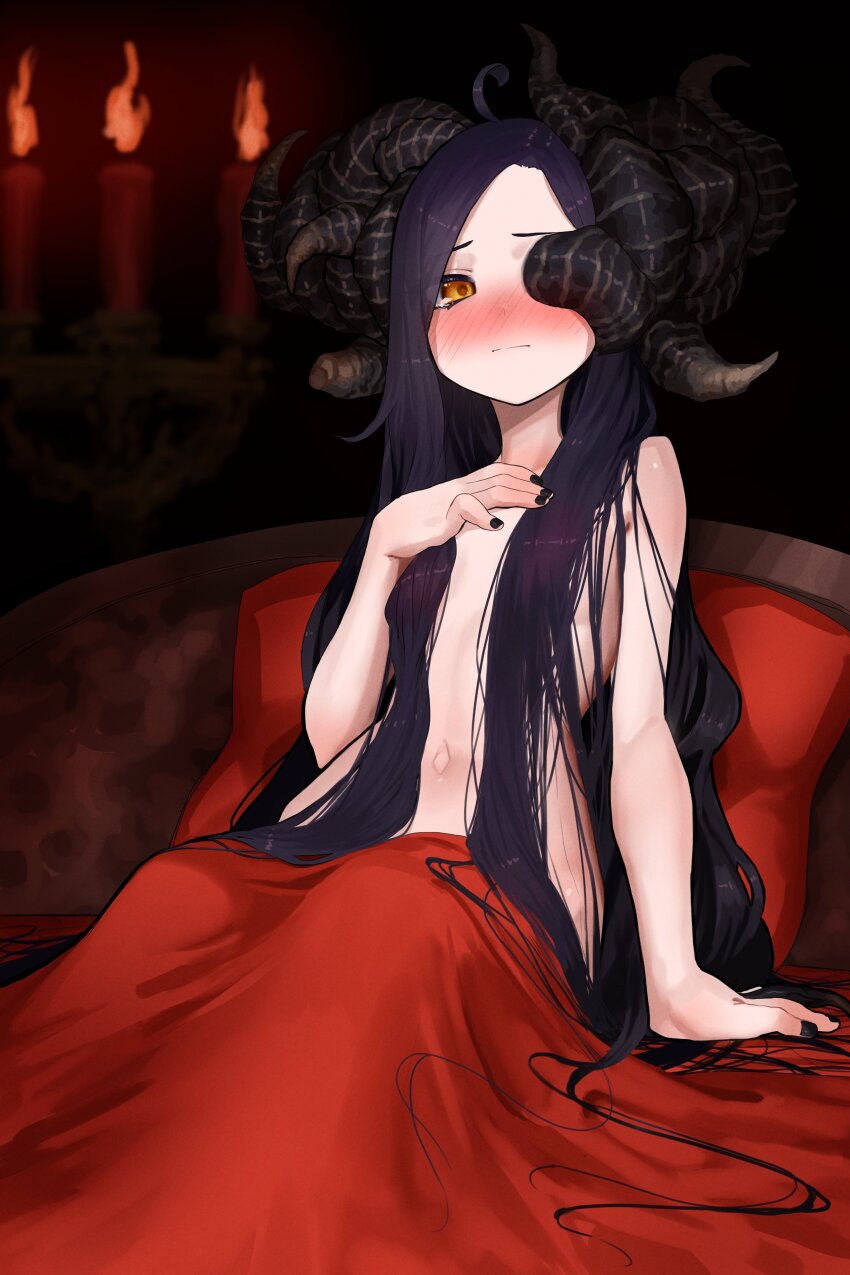 1girl absurdres ahoge asymmetrical_horns black_nails blush breasts candle candlestand curled_horns ekrea_jan elden_ring genderswap genderswap_(mtf) hair_over_breasts hand_on_own_chest highres horns long_hair looking_at_viewer mismatched_horns missing_eye mohg_lord_of_blood navel nude purple_hair sitting small_breasts solo under_covers very_long_hair yellow_eyes