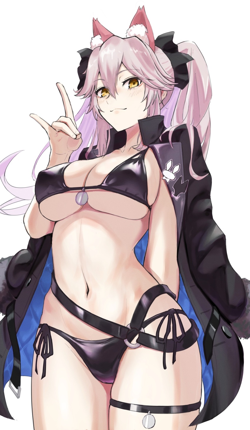 1girl absurdres animal_ear_fluff animal_ears bikini black_bikini black_jacket blush breasts cleavage dobrynya_nikitich_(swimsuit_lancer)_(fate) dobrynya_nikitich_(swimsuit_lancer)_(first_ascension)_(fate) fate/grand_order fate_(series) fox_ears fox_girl highres jacket jacket_on_shoulders koyanskaya_(fate) kugiseiichi large_breasts long_hair looking_at_viewer navel necktie pink_hair sidelocks solo swimsuit tamamo_(fate) thighs yellow_eyes