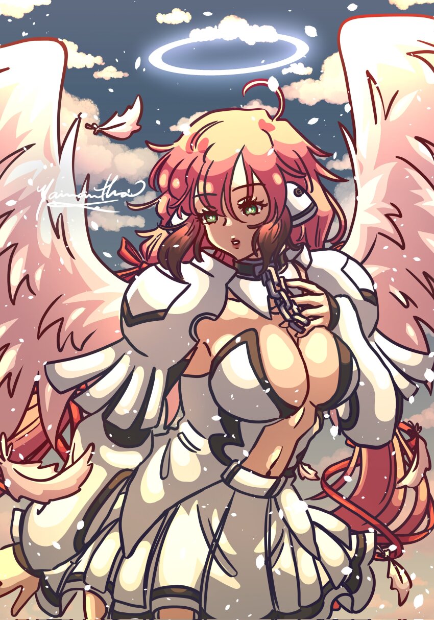 1girl absurdres angel_wings black_hair blue_sky breasts center_opening chain cleavage cloud collar feathers gradient_hair green_eyes halo highres ikaros large_breasts long_hair metal_collar multicolored_hair navel parted_lips pink_hair pleated_skirt red_ribbon ribbon robot_ears signature skirt sky solo sora_no_otoshimono upper_body very_long_hair white_skirt white_wings wings yamyamantha