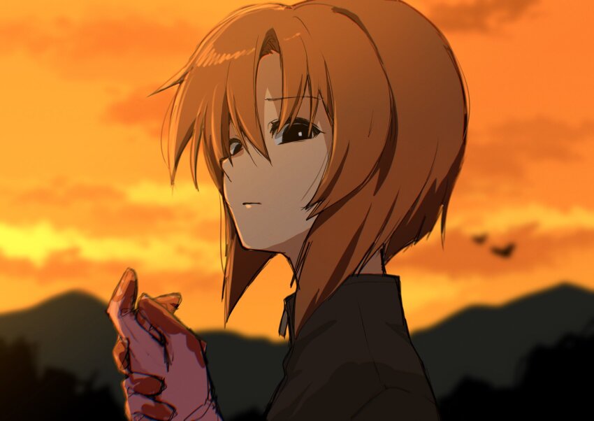 1girl black_eyes blood blood_on_hands blurry blurry_background commentary_request gloves highres higurashi_no_naku_koro_ni looking_down orange_hair own_hands_together portrait poyadevil ryuuguu_rena short_hair simple_bird solo sunset zipper_pull_tab