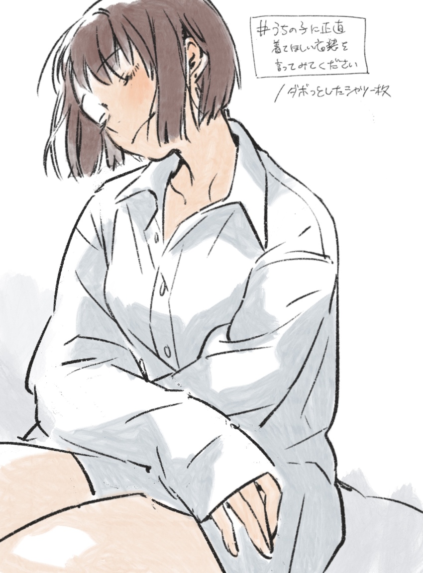 1girl akaneko_(redakanekocat) blush brown_hair closed_eyes closed_mouth collarbone collared_shirt commentary_request crossed_arms highres naked_shirt original pixiv_fantasia pixiv_fantasia_last_saga rudia_of_the_moon_smile shirt sitting sleeves_past_wrists solo thighs white_background white_shirt