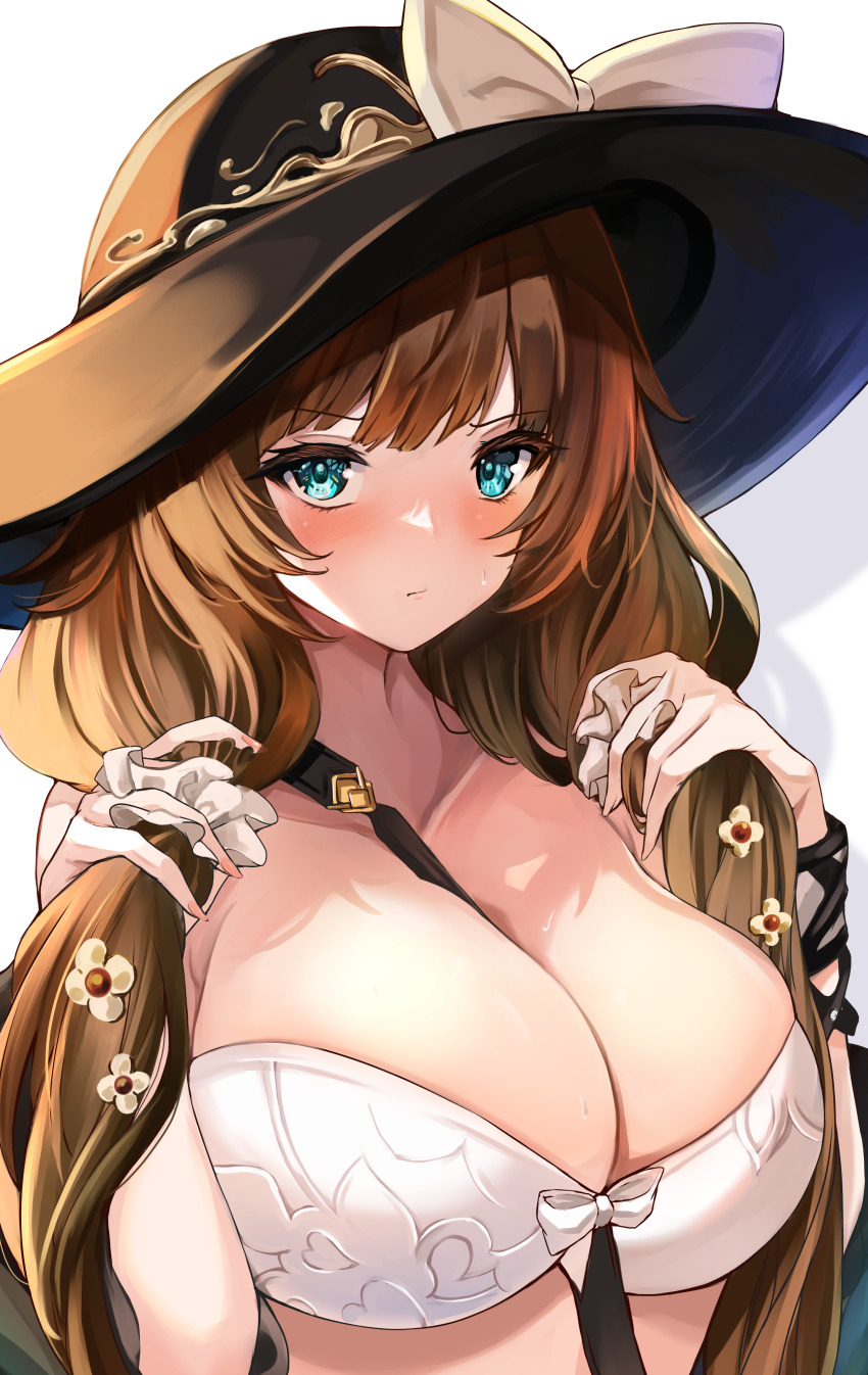 1girl absurdres bare_shoulders bikini blue_eyes blush breasts brown_hair cleavage collarbone granblue_fantasy hat highres large_breasts long_hair looking_at_viewer raziel_(granblue_fantasy) raziel_(summer)_(granblue_fantasy) shibakame solo sun_hat swimsuit