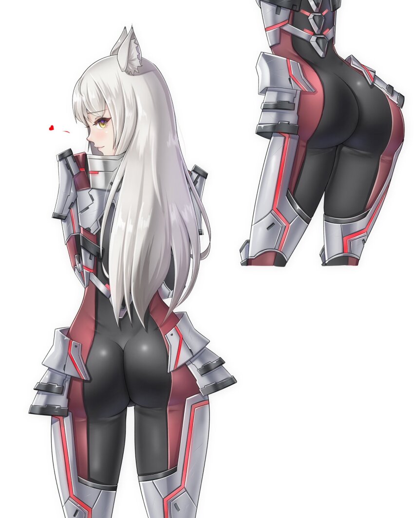 1girl animal_ears armor ass blush bodysuit cat_ears embarrassed from_behind grey_hair highres long_hair looking_at_viewer looking_back m_(xenoblade) multiple_views skin_tight smile solo succducc888 very_long_hair xenoblade_chronicles_(series) xenoblade_chronicles_3 yellow_eyes