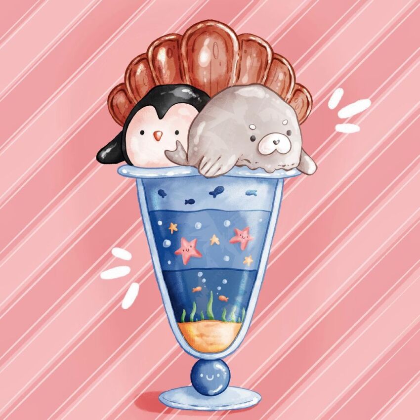 abbey_and_bear animal-themed_food beak bird black_eyes closed_mouth commentary english_commentary food food_focus glass ice_cream no_humans notice_lines original penguin pink_background seashell shadow shell smile solid_circle_eyes starfish striped_background sundae