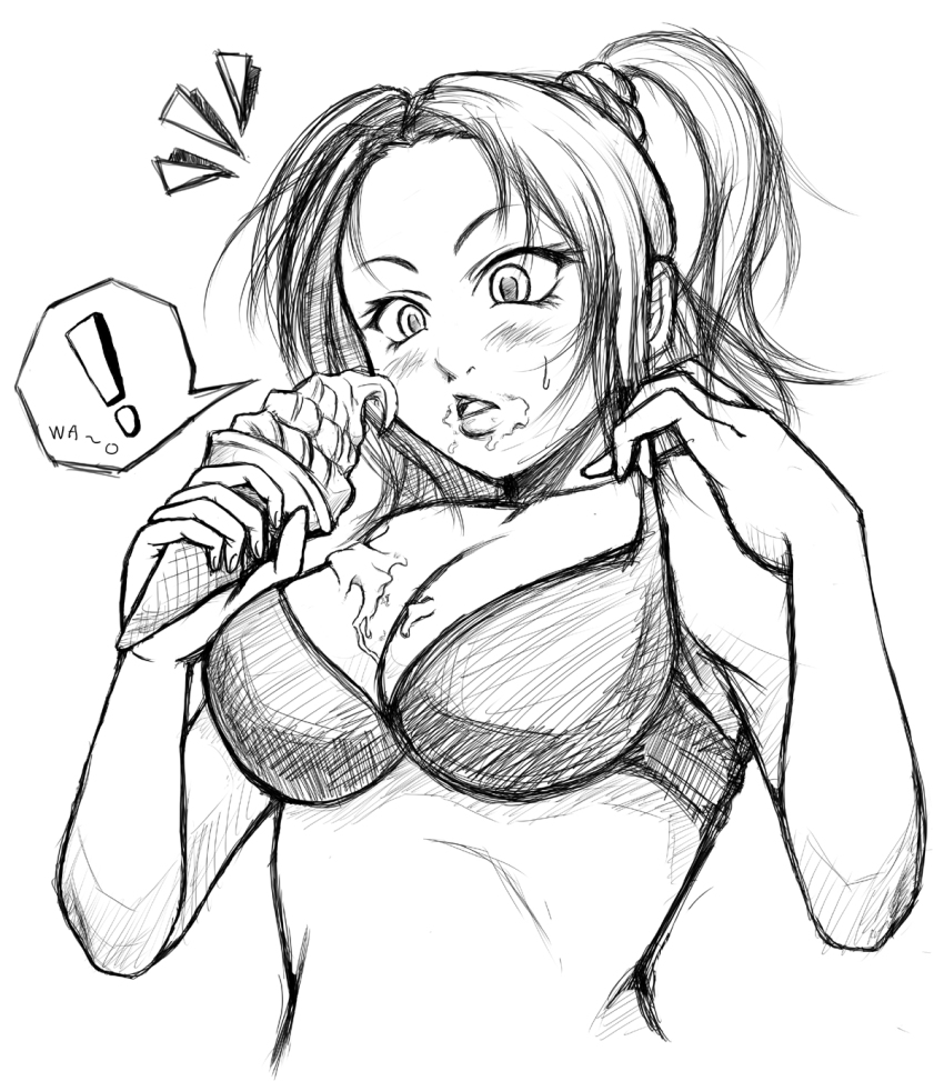 ! 1girl alternate_hairstyle bad_id bad_pixiv_id bikini bikini_top_only blush breasts dripping female_focus food greyscale hair_up highres ice_cream ice_cream_cone large_breasts monochrome ponytail solo swimsuit tal_yuji vanessa_lewis virtua_fighter virtua_fighter_5 virtua_fighter_5:_final_showdown