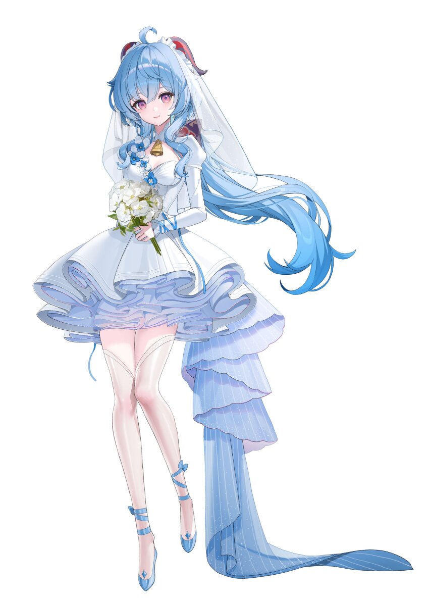 1girl absurdres ahoge alternate_costume bell blue_flower blue_hair bouquet bow bridal_veil closed_mouth dress floating_hair flower full_body ganyu_(genshin_impact) genshin_impact goat_horns hair_between_eyes hair_bow highres holding holding_bouquet horns hyoin long_hair long_sleeves low_ponytail neck_bell pink_eyes qingxin_flower sidelocks simple_background smile standing thighhighs veil very_long_hair wedding_dress white_background white_dress white_flower