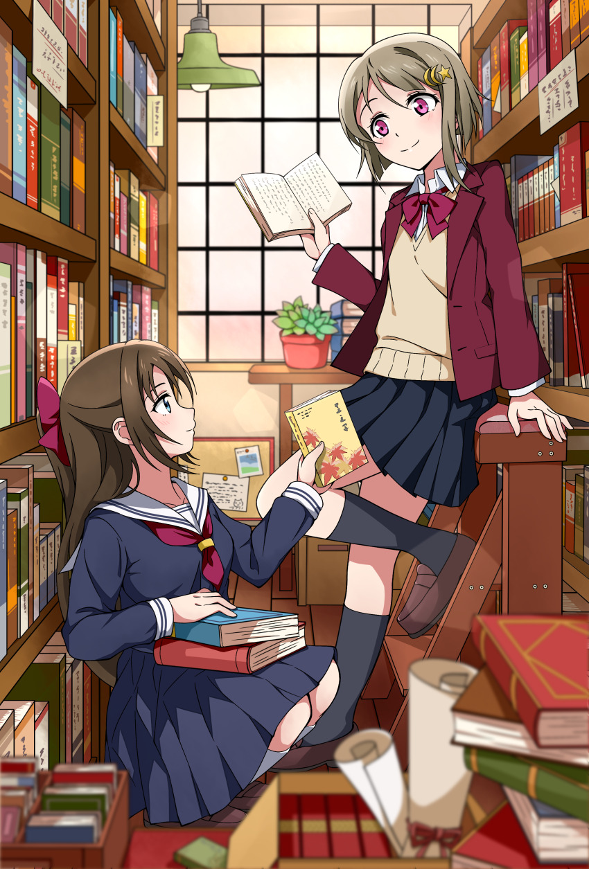 2girls absurdres asdasun black_serafuku black_shirt black_skirt black_socks blazer blue_eyes bob_cut book book_stack bookshelf bookstore bow bowtie breasts brown_footwear brown_hair ceiling_light check_commentary closed_mouth collarbone collared_shirt commentary_request crescent crescent_hair_ornament dress_shirt hair_between_eyes hair_bow hair_ornament hairclip half_updo highres holding holding_book indoors inverted_bob jacket ladder leg_up loafers long_sleeves looking_at_another love_live! love_live!_nijigasaki_high_school_idol_club medium_breasts medium_skirt miniskirt multiple_girls nakasu_kasumi neckerchief open_book open_clothes open_jacket osaka_shizuku pink_eyes plant pleated_skirt potted_plant profile red_bow red_bowtie red_jacket red_neckerchief sailor_collar school_uniform scroll serafuku shirt shoes shop sidelocks skirt smile socks split_mouth squatting standing standing_on_one_leg star_(symbol) star_hair_ornament stepladder sweater_vest table v-neck white_sailor_collar white_shirt window yellow_sweater_vest