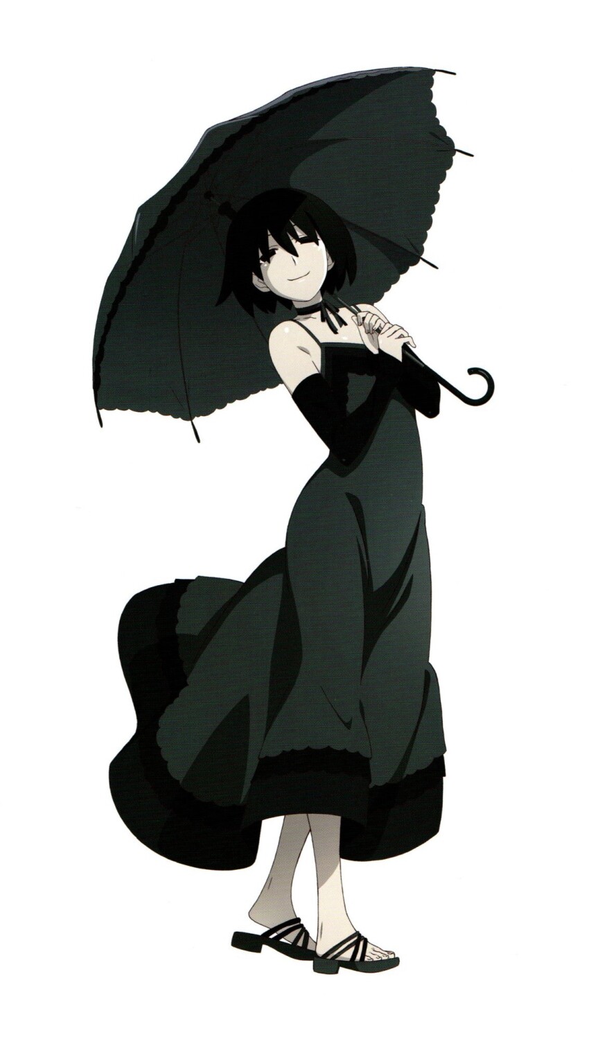 1girl arm_warmers bare_shoulders black_dress black_eyes black_hair black_sandals black_umbrella bob_cut choker dress empty_eyes full_body hair_between_eyes head_tilt highres holding holding_umbrella light_smile long_dress looking_at_viewer monogatari_(series) no_gloves non-web_source official_art oshino_ougi sandals scan short_hair simple_background sleeveless sleeveless_dress solo toenails toes umbrella walking watanabe_akio white_background