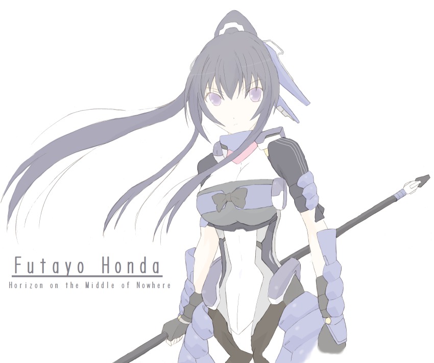 armor black_eyes fingerless_gloves gloves hair_ornament highres honda_futayo kyoukaisenjou_no_horizon polearm purple_eyes rudobekia spear weapon