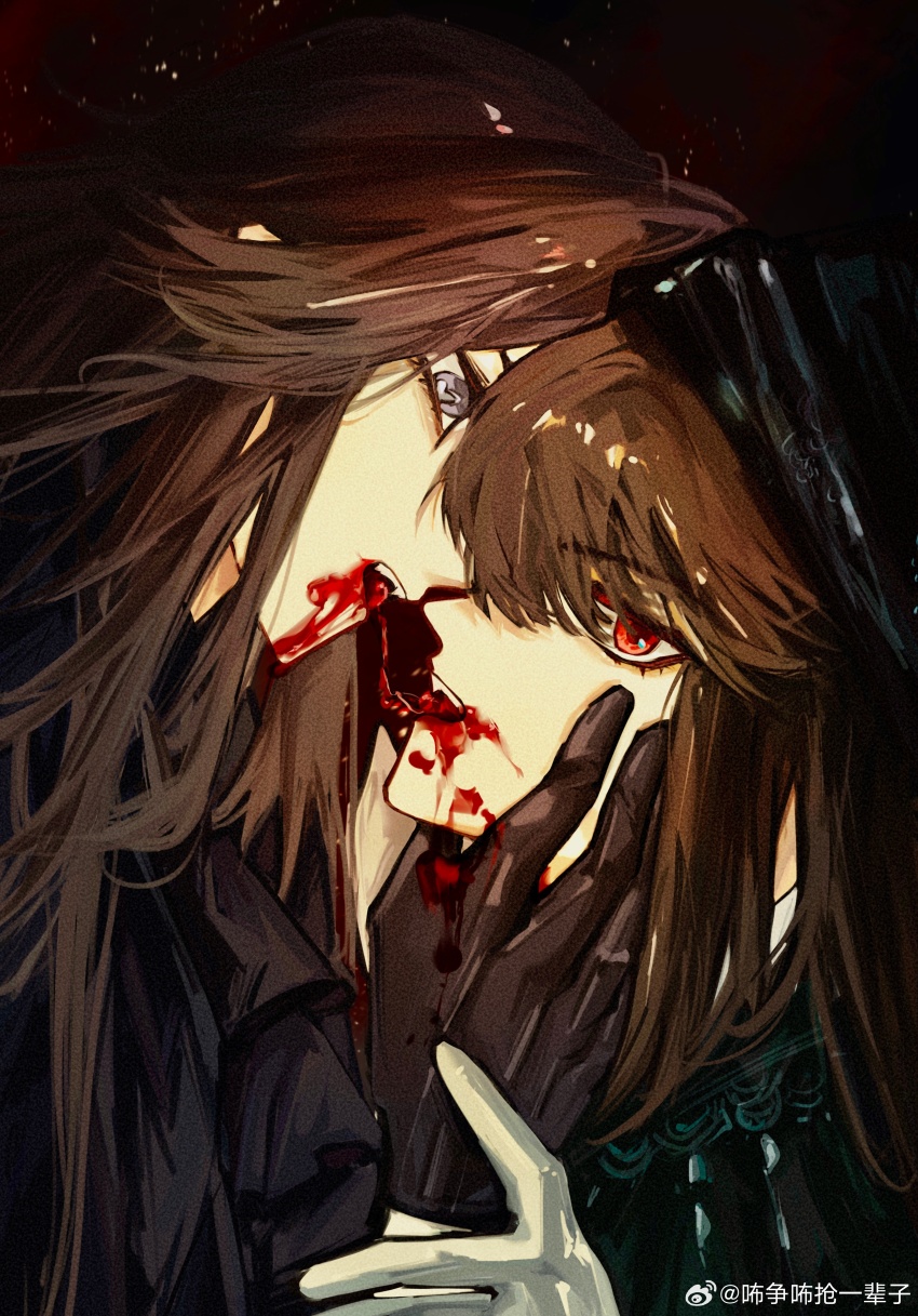 2girls absurdres after_kiss black_background black_hair blood blood_on_gloves blood_on_mouth blood_trail brown_gloves brown_hair face-to-face forehead-to-forehead from_side gloves grey_eyes hand_on_another&#039;s_face hand_up heads_together highres long_hair looking_at_viewer multiple_girls open_mouth portrait profile red_eyes reverse:1999 semmelweis_(reverse:1999) teeth upper_teeth_only v-shaped_eyebrows valentina_(reverse:1999) weibo_logo weibo_watermark white_gloves yeqing_(yqng38991151) yuri