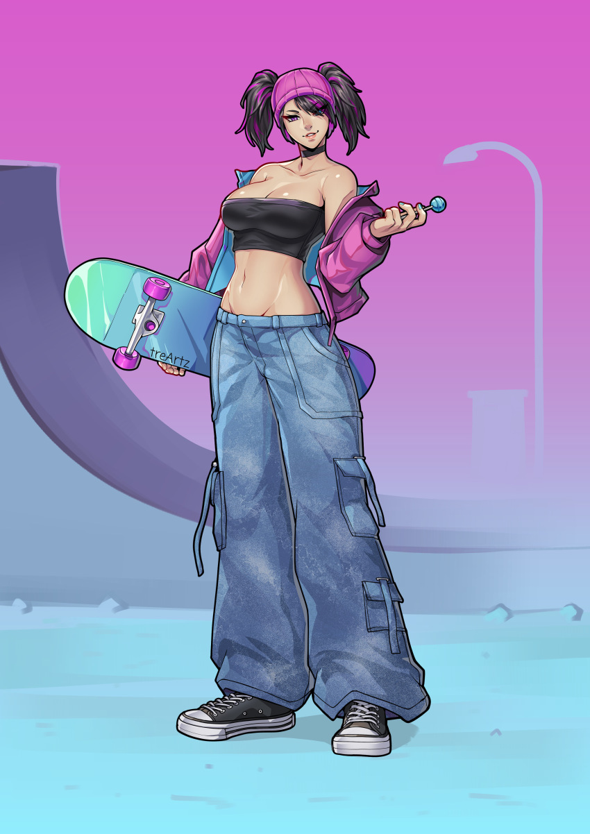 1girl absurdres alternate_costume bare_shoulders black_choker black_footwear black_hair breasts candy cargo_pants choker cleavage collarbone commentary crop_top denim food full_body han_juri hat highres holding holding_candy holding_food holding_lollipop holding_skateboard jacket jeans large_breasts lips lollipop looking_at_viewer midriff multicolored_hair navel off_shoulder open_clothes open_jacket pants parted_lips pink_lips purple_eyes purple_hair purple_hat purple_jacket shoes skateboard smile sneakers solo standing stomach strapless streaked_hair street_fighter tre_artz tube_top