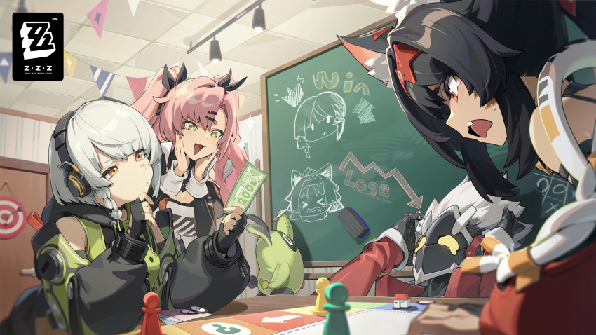 1boy 3girls amillion_(zenless_zone_zero) anby_demara animal_ears bangboo_(zenless_zone_zero) banknote bare_shoulders billy_kid black_hair board_game braid breasts cat_ears cat_girl chalkboard cleavage copyright_logo copyright_name crying crying_with_eyes_open english_text fake_money fingerless_gloves gloves grey_hair headphones highres holding holding_money humanoid_robot indoors jacket long_hair long_sleeves money monopoly multiple_girls nekomiya_mana nicole_demara official_art open_mouth pink_hair robot short_hair single_braid sleeveless sleeveless_jacket smile tears zenless_zone_zero