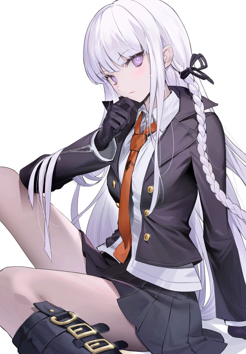 1girl absurdres black_footwear black_gloves black_jacket black_ribbon black_skirt blunt_bangs boots braid buttons collared_shirt commentary_request danganronpa:_trigger_happy_havoc danganronpa_(series) feet_out_of_frame finger_to_own_chin gloves hair_ribbon highres jacket kirigiri_kyoko knee_boots long_hair looking_at_viewer necktie purple_eyes purple_hair red_necktie ribbon seoji shirt side_braid sidelocks simple_background single_braid sitting skirt solo white_background white_shirt zipper