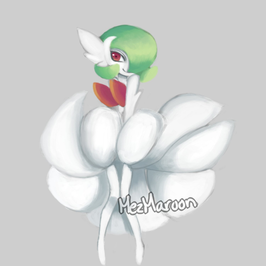 artist_name bad_id bad_twitter_id bob_cut colored_skin creatures_(company) game_freak gardevoir gen_3_pokemon green_hair grey_background hair_over_one_eye highres mega_gardevoir mega_pokemon mezmaroon nintendo pink_eyes pokemon pokemon_(creature) simple_background smile white_skin