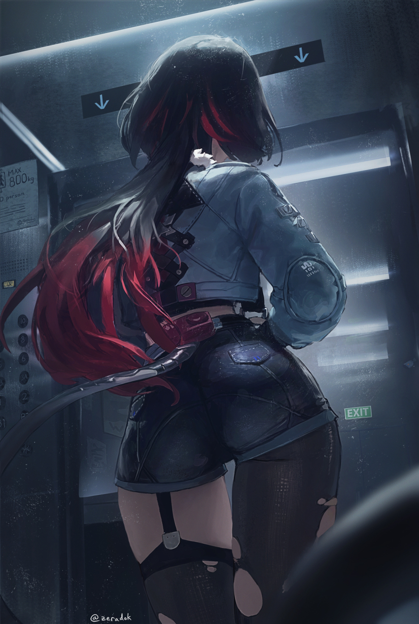 1girl ass black_garter_straps black_hair black_pantyhose black_shorts black_thighhighs commentary elevator from_behind fur-trimmed_jacket fur_trim garter_straps gradient_hair green_jacket high-waist_shorts highres indoors jacket jane_doe_(zenless_zone_zero) long_hair mouse_tail multicolored_hair pantyhose pantyhose_under_shorts red_hair shorts single_garter_strap single_leg_pantyhose single_thighhigh solo tail thighhighs torn_clothes torn_pantyhose torn_thighhighs twitter_username zenless_zone_zero zeradok