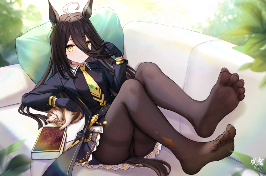 1girl absurdres animal_ears black_gloves black_hair black_pantyhose book cat couch earrings feet gloves highres horse_ears horse_girl horse_tail jewelry kazamatsuri_honatsu long_hair looking_at_viewer manhattan_cafe_(umamusume) necktie no_shoes panties panties_under_pantyhose pantyhose school_uniform single_earring soles tail tracen_school_uniform umamusume underwear yellow_eyes yellow_necktie