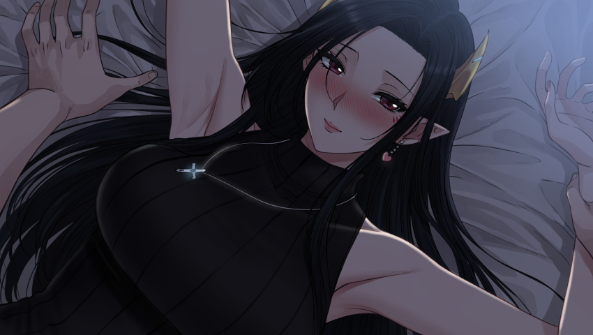 1boy 1girl armpits bed_sheet black_hair black_sweater blush breasts closed_mouth collarbone commentary_request cross cross_necklace earrings facial_mark heart heart_earrings highres holding_another&#039;s_wrist horns indie_virtual_youtuber jewelry large_breasts lips long_hair looking_at_viewer lying nail_polish necklace on_back pink_nails pointy_ears pov pov_hands red_eyes ribbed_sweater sidelocks sleeveless sleeveless_sweater solo_focus sweater thai_commentary turtleneck turtleneck_sweater umino_ciala virtual_youtuber xter