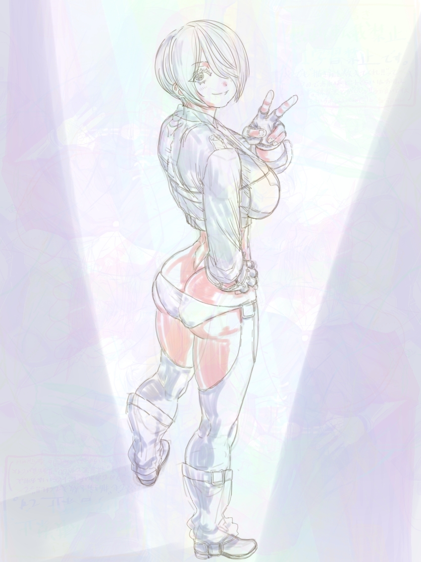 1girl angel_(kof) ass blue_eyes boots breasts butt_crack cleavage female_focus from_behind gloves large_breasts leather looking_back pale_skin panties short_hair smile smiley_face standing the_king_of_fighters thighs tight_clothes underwear wb_kof wbkof white_hair