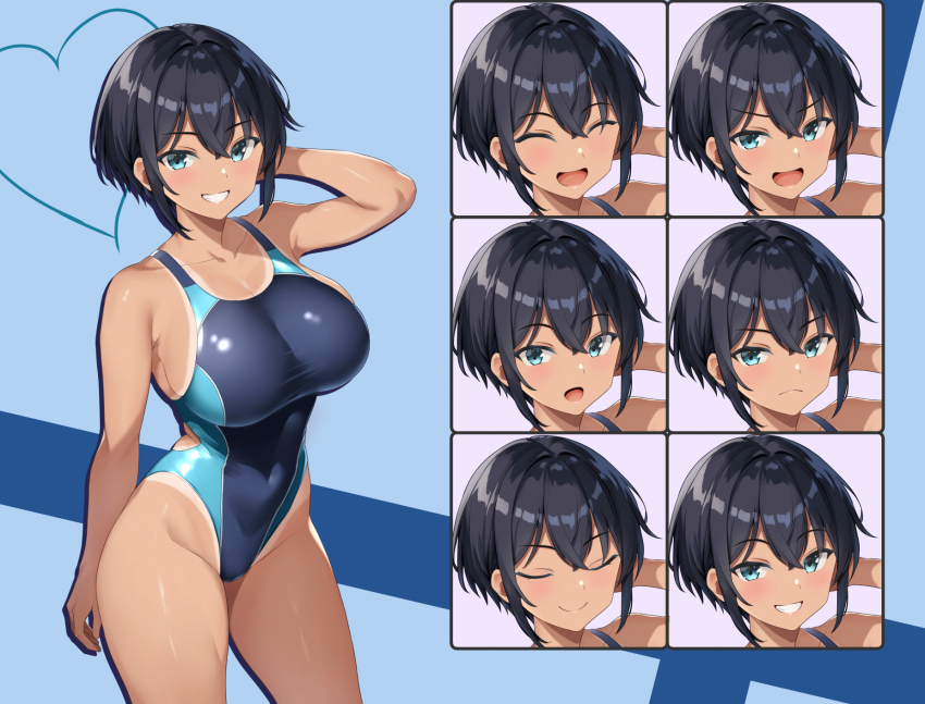 1girl :d :o aqua_eyes asanagi_shion black_hair blue_background blue_one-piece_swimsuit breasts closed_eyes closed_mouth commentary_request competition_swimsuit covered_navel crossed_bangs frown grin hair_between_eyes heart highres large_breasts looking_at_viewer multiple_views one-piece_swimsuit open_mouth original short_hair sidelocks simple_background smile smug standing swimsuit tachi-e tan tanline taut_clothes taut_swimsuit teeth