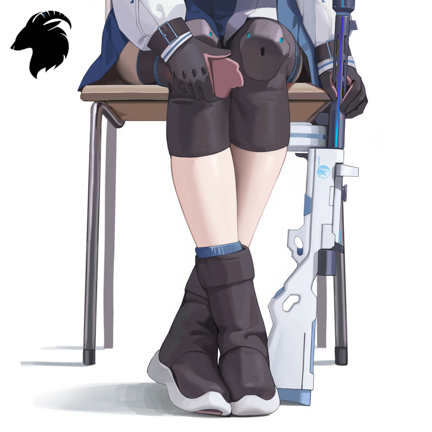 1girl black_footwear black_gloves blue_archive blue_skirt blue_socks cellphone crossed_ankles gloves gun highres holding holding_phone knee_pads legs_together long_sleeves lower_body miyako_(blue_archive) on_chair phone pink_gloves simple_background sitting skirt smartphone socks solo submachine_gun suomi_kp/-31 ttt_(5274293) two-tone_gloves weapon white_background