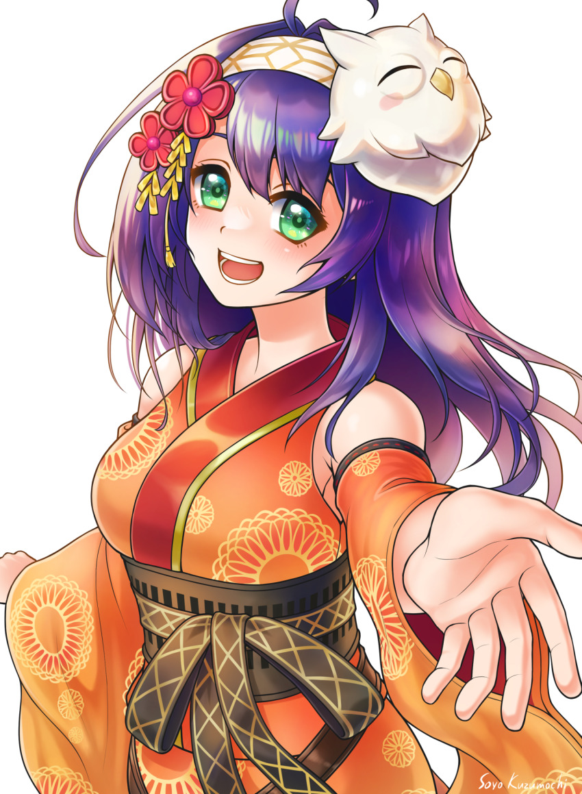 1girl :d ahoge artist_name breasts character_mask detached_sleeves feh_(fire_emblem_heroes) fire_emblem fire_emblem:_path_of_radiance fire_emblem_heroes green_eyes hairband highres japanese_clothes kimono long_hair long_sleeves looking_at_viewer mask mask_on_head mia_(fire_emblem) mia_(yukata)_(fire_emblem) nintendo official_alternate_costume open_mouth orange_kimono outstretched_hand purple_hair smile solo soyo2106 teeth upper_body white_background wide_sleeves yukata