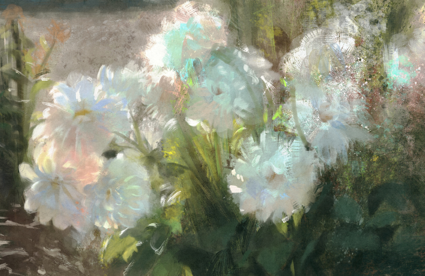 7ife absurdres bad_id bad_pixiv_id commentary day flower flower_focus highres leaf no_humans original outdoors painterly still_life symbol-only_commentary white_flower