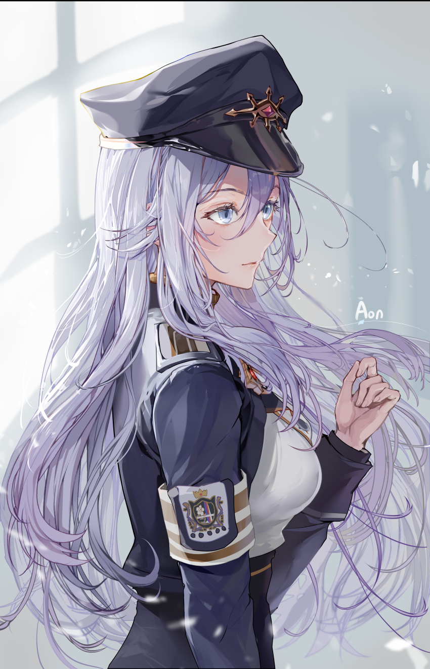 1girl 86_-eightysix- a_(sofi3103) absurdres armband blue_eyes blue_jacket breasts closed_mouth cropped_jacket from_side hat high_collar highres jacket light_purple_hair long_hair long_sleeves medium_breasts military military_hat military_uniform signature solo upper_body vladilena_millize