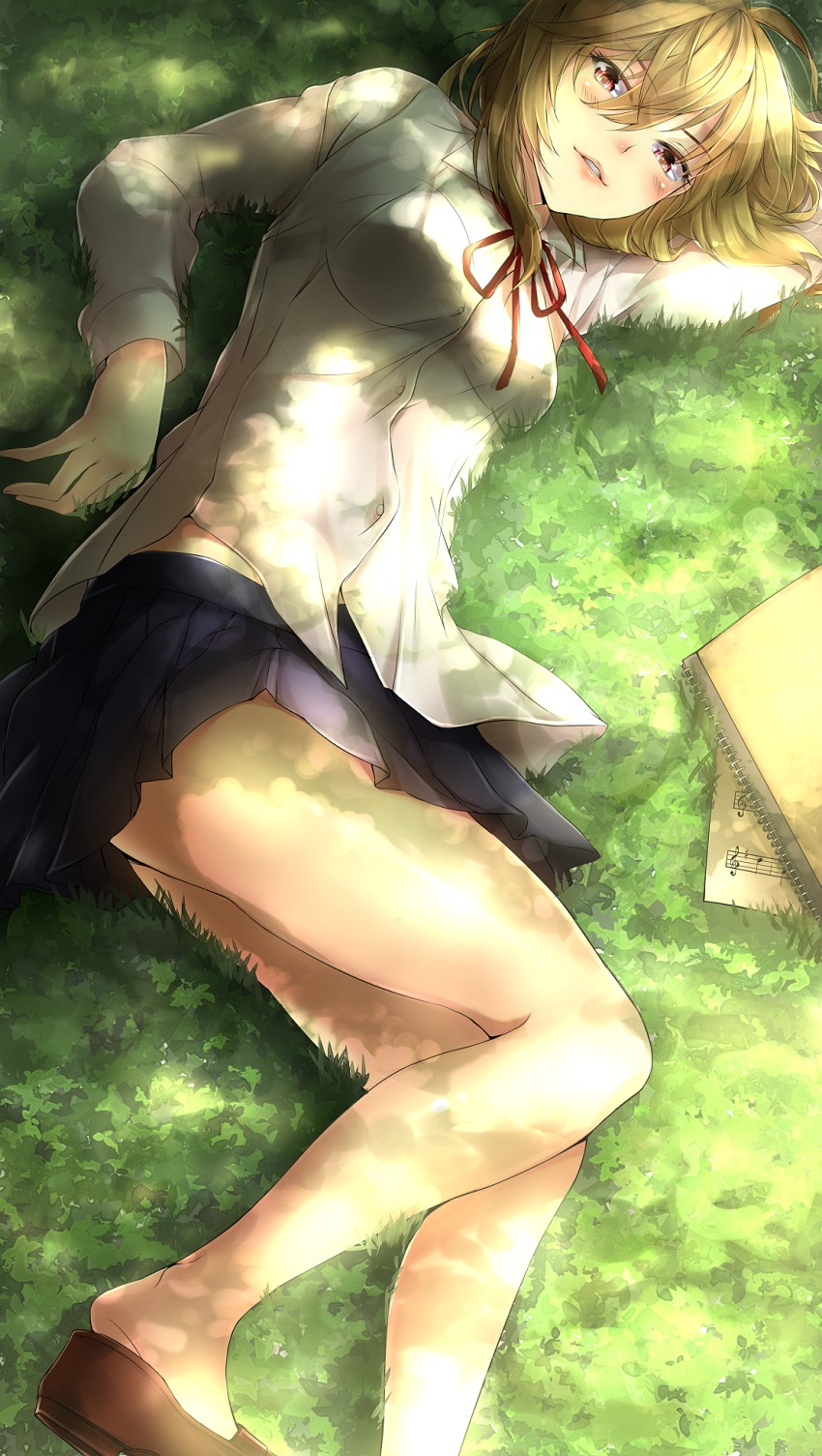 10s 1girl arm_pillow arm_up bare_legs black_bra black_skirt blonde_hair bra breasts brown_footwear collared_shirt crotchet dappled_sunlight dress_shirt eyebrows female_focus from_above gekkan_shoujo_nozaki-kun grass hair_between_eyes hatori_mia highres loafers long_hair long_sleeves looking_at_viewer lying miniskirt musical_note neck_ribbon no_socks notebook on_ground outdoors paper parted_lips pleated_skirt red_eyes red_ribbon ribbon school_uniform see-through_clothes seo_yuzuki shade sheet_music shirt shoe_dangle shoes skirt smile solo sunlight treble_clef underwear untucked_shirt white_shirt