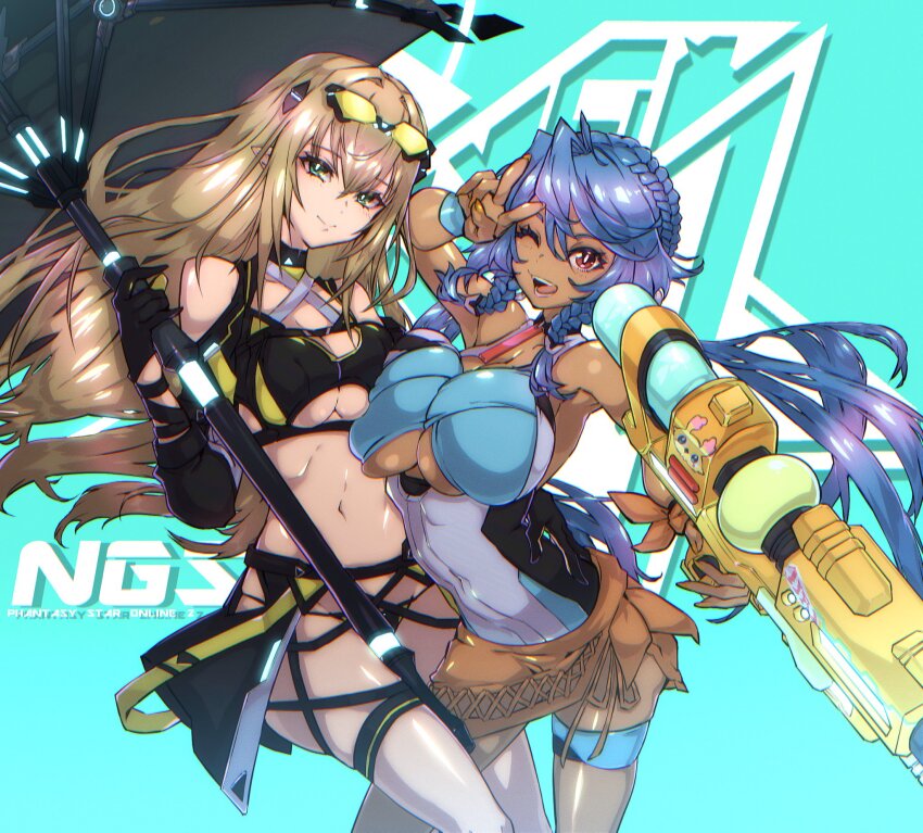 2girls :d aina_(pso2ngs) aite_025 alternate_costume aqua_background bikini black_bikini blue_hair braid breast_press breasts brown_hair clothing_cutout copyright_name cowboy_shot crown_braid dark-skinned_female dark_skin green_eyes highres holding holding_umbrella holding_water_gun large_breasts long_hair looking_at_viewer manon_(pso2) medium_breasts multiple_girls newman one_eye_closed open_mouth phantasy_star phantasy_star_online_2 phantasy_star_online_2_new_genesis pointy_ears red_eyes simple_background smile swimsuit umbrella underboob underboob_cutout v water_gun