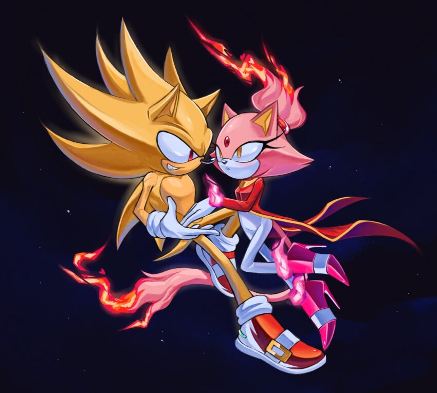 1boy 1girl animal_ears blaze_the_cat burning_blaze cat_ears dress fiery_hair fire flame-tipped_tail flying forehead_jewel furry furry_female furry_male gloves grin highres holding_hands looking_at_another red_dress red_eyes smile sonic_(series) sonic_rush sonic_the_hedgehog space super_sonic wvcyclone