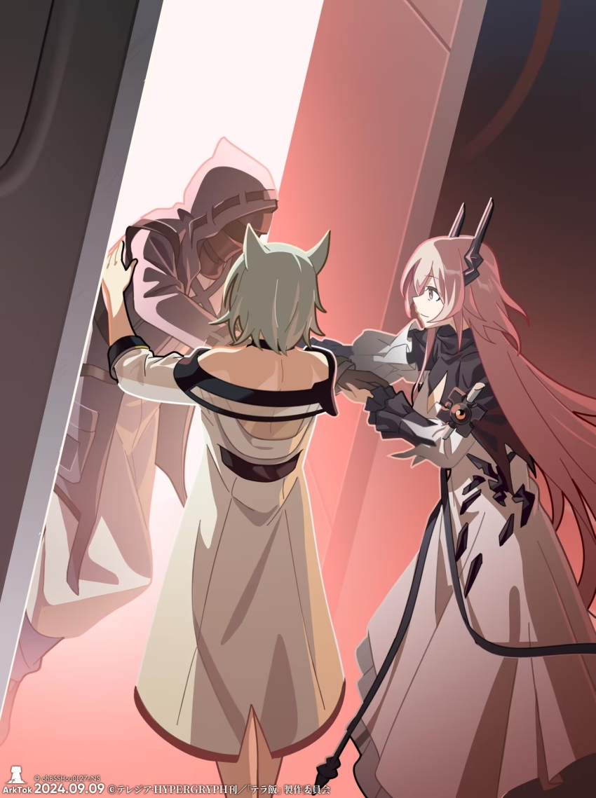 1other 2girls animal_ears arknights artist_name black_horns cat_ears dated doctor_(arknights) dress green_hair highres hood hooded_jacket horns jacket kal&#039;tsit_(arknights) liang_chan_xing_make_tu long_hair mask multiple_girls pink_hair second-party_source short_hair theresa_(arknights) white_dress