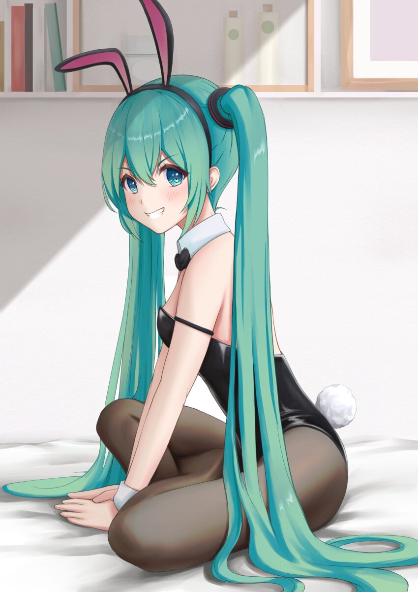 1girl animal_ears aqua_eyes aqua_hair black_leotard blue_eyes hatsune_miku highres leotard long_hair nekoinu_bamboo pantyhose playboy_bunny rabbit_ears rabbit_tail sitting smile solo strapless strapless_leotard tail twintails vocaloid wariza